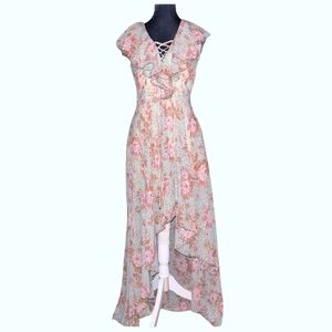 NWT City Triangles Floral High Low Dress Flowy Ruffles Sage Pink Corset Tie Boho